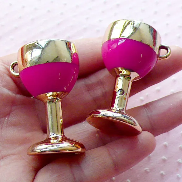 3D Dollhouse Wine Glass Acrylic Charms Enamel Charm (2pcs / 23mm x 41mm / Gold & Dark Pink) Minature Whimsical Novelty Jewellery CHM1909