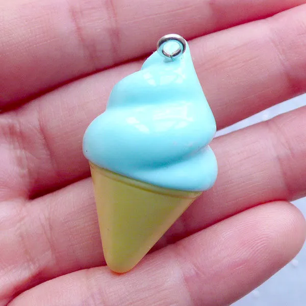 3D Ice Cream Pendant with Rhinestones | Fake Sweets Jewelry | Kawaii Food Pendant | Cute Chunky Jewelry Supplies | Decoden Phone Case (1 piece / Blue / 20mm x 35mm / 3D)