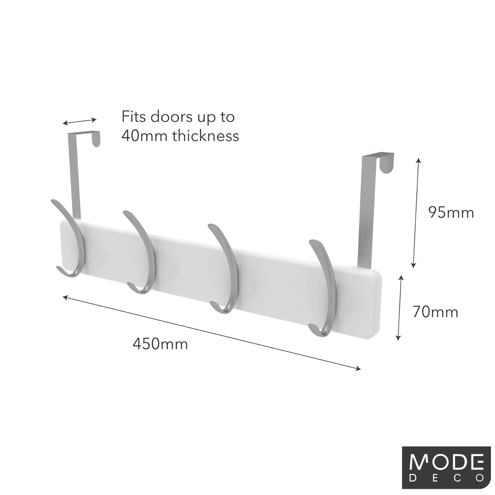 4 Brushed Nickel Hooks on White Board Over Door Hook