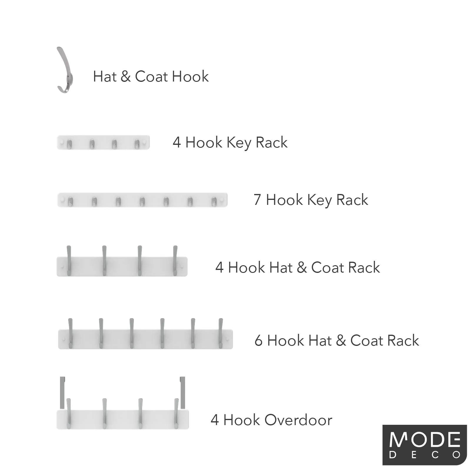 4 Brushed Nickel Hooks on White Board Over Door Hook