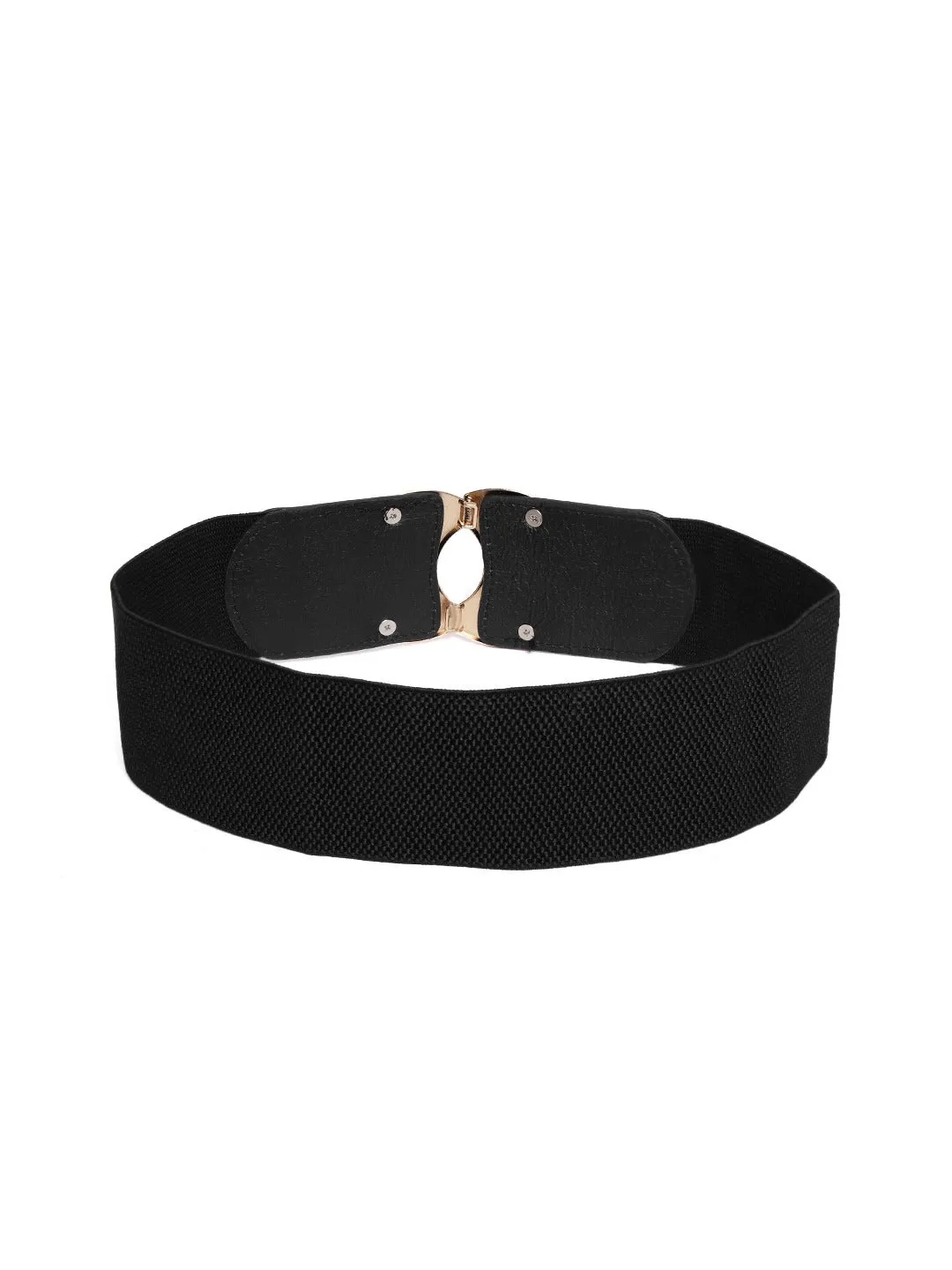 Berrylush Women Black Elastic Strap Diamonte Double Buckle Belt