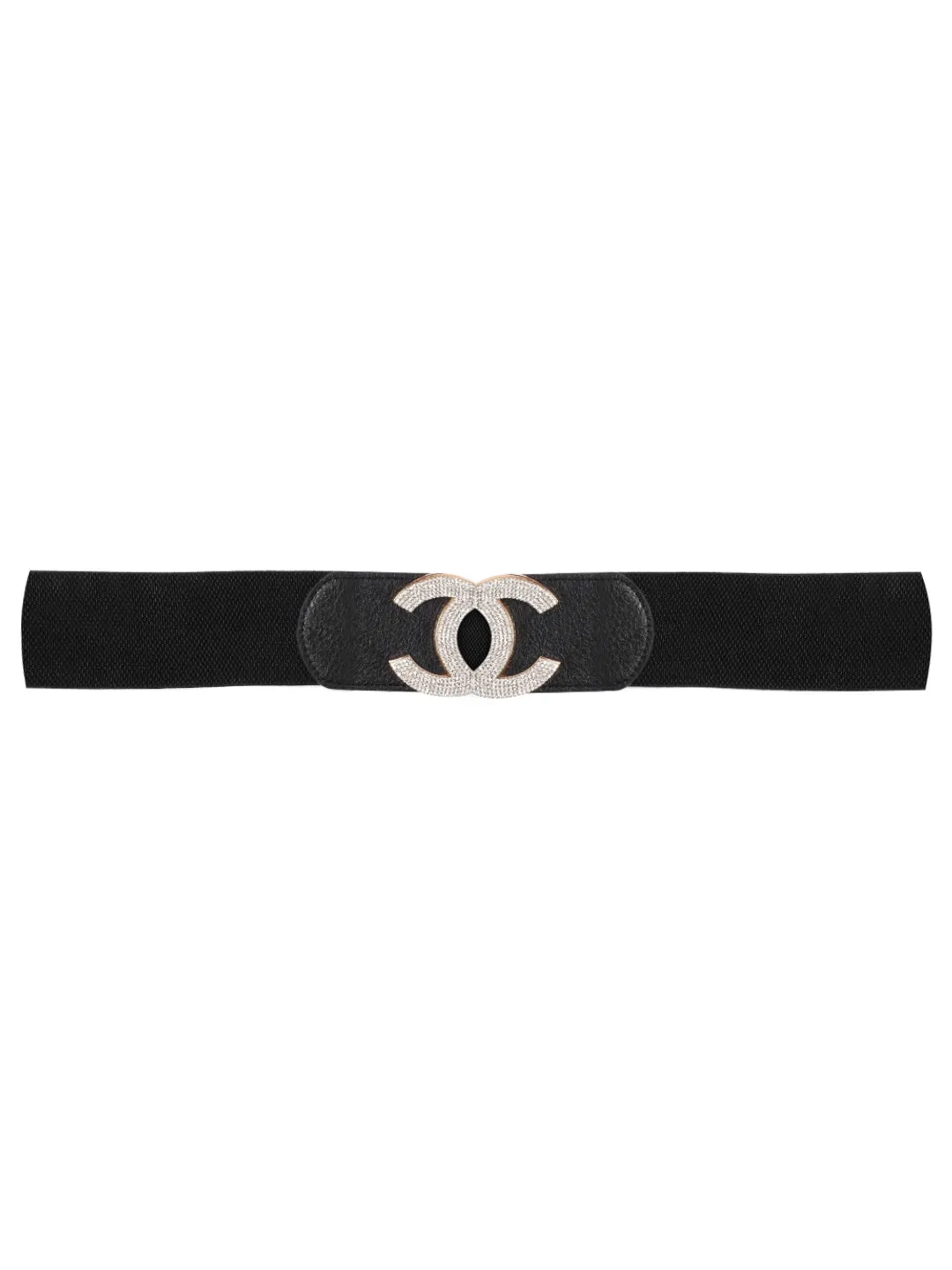 Berrylush Women Black Elastic Strap Diamonte Double Buckle Belt