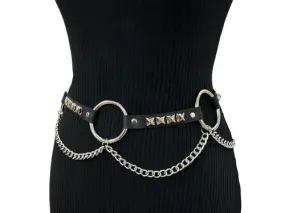 Black Leather Bondage Belt w/ Chain, Studs, Rings