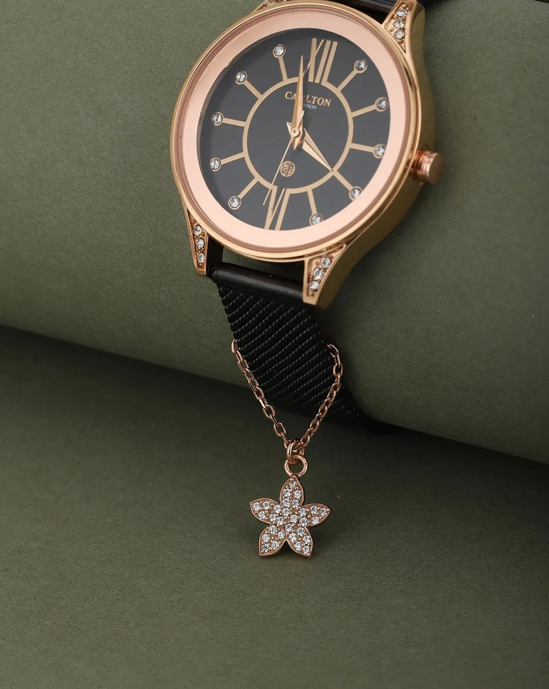 Carlton London Rose Gold Plated Cz Studded Flower Shape Watch Charm For Women