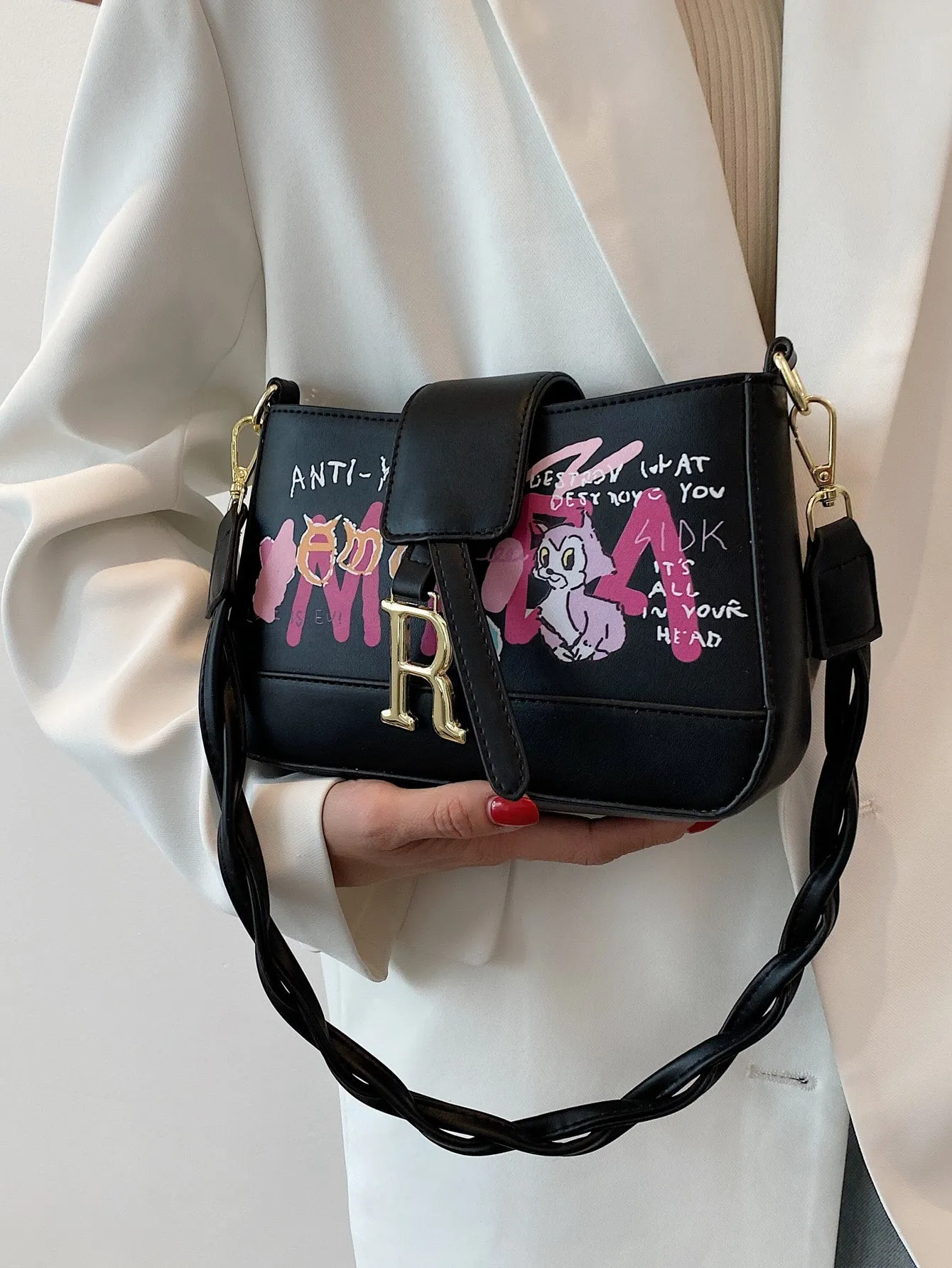 Cartoon & Letter Graphic Shoulder Bag