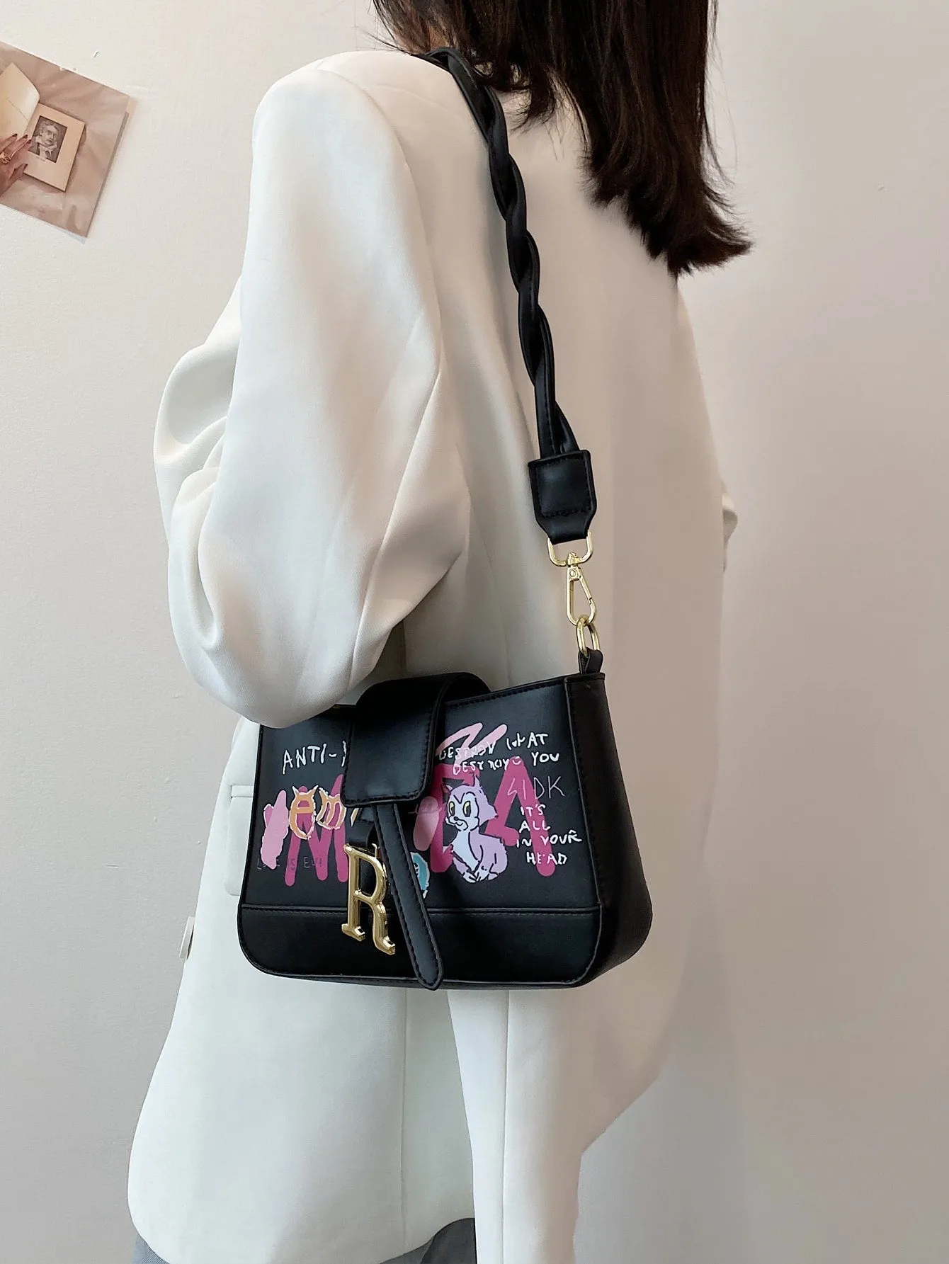 Cartoon & Letter Graphic Shoulder Bag