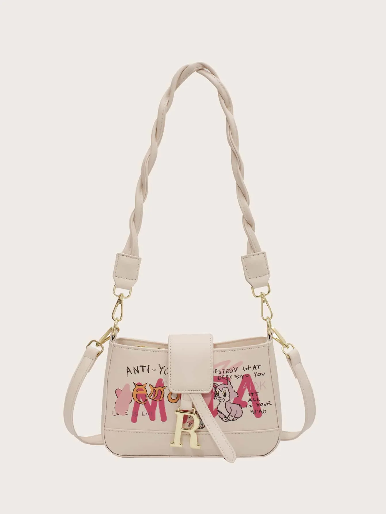 Cartoon & Letter Graphic Shoulder Bag