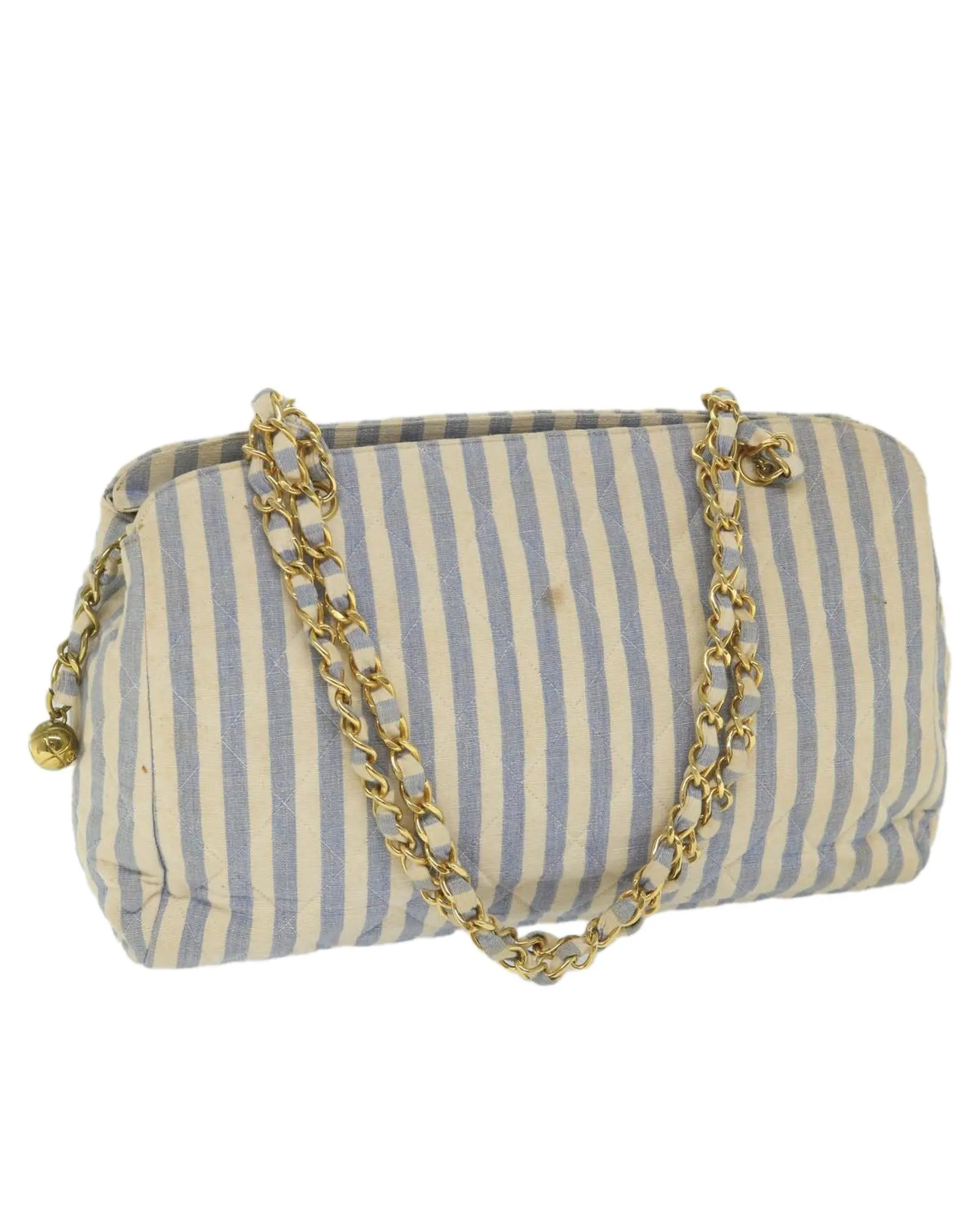 CHANEL Classic Double Flap Striped Canvas Shoulder Bag Blue