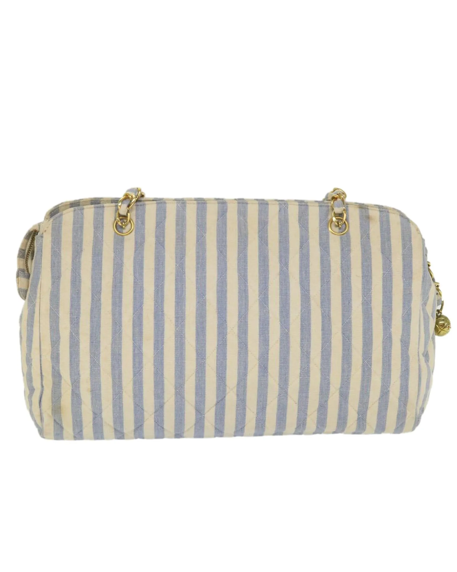 CHANEL Classic Double Flap Striped Canvas Shoulder Bag Blue