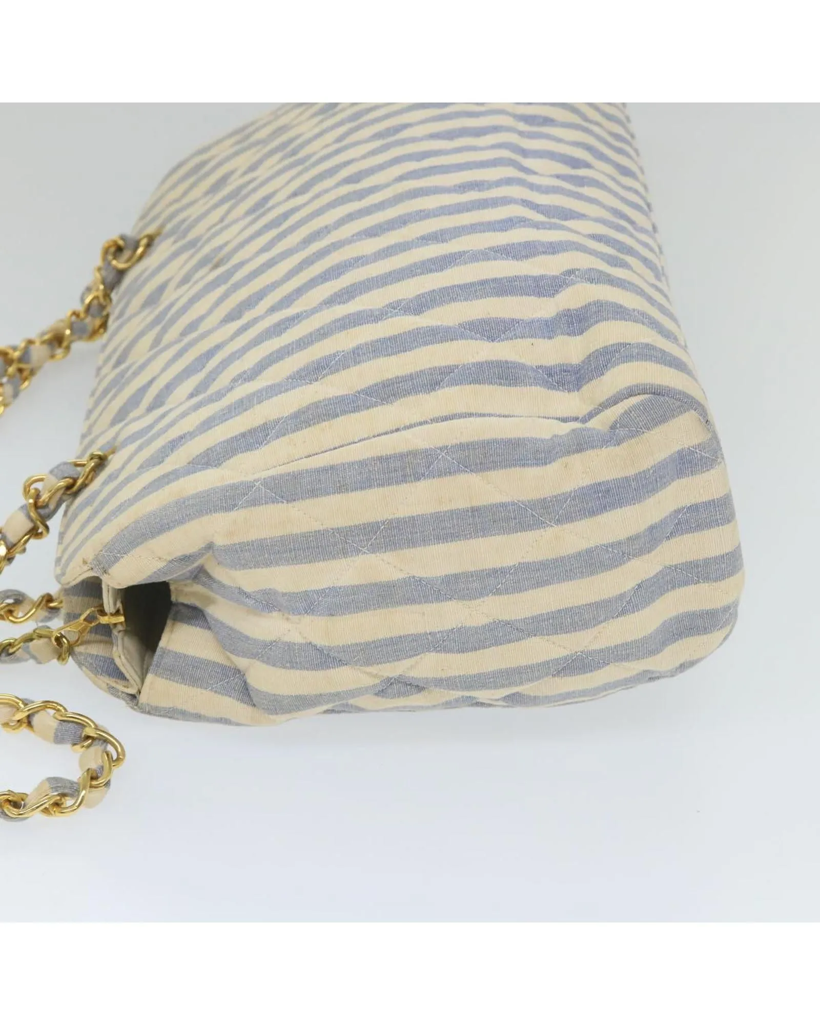 CHANEL Classic Double Flap Striped Canvas Shoulder Bag Blue