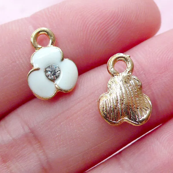 CLEARANCE Enameled Flower Charms with Rhinestone (3pcs / 9mm x 12mm / Gold & White) Tiny Floral Drop Add On Charm Bridal Jewelry Wedding Favor CHM1880