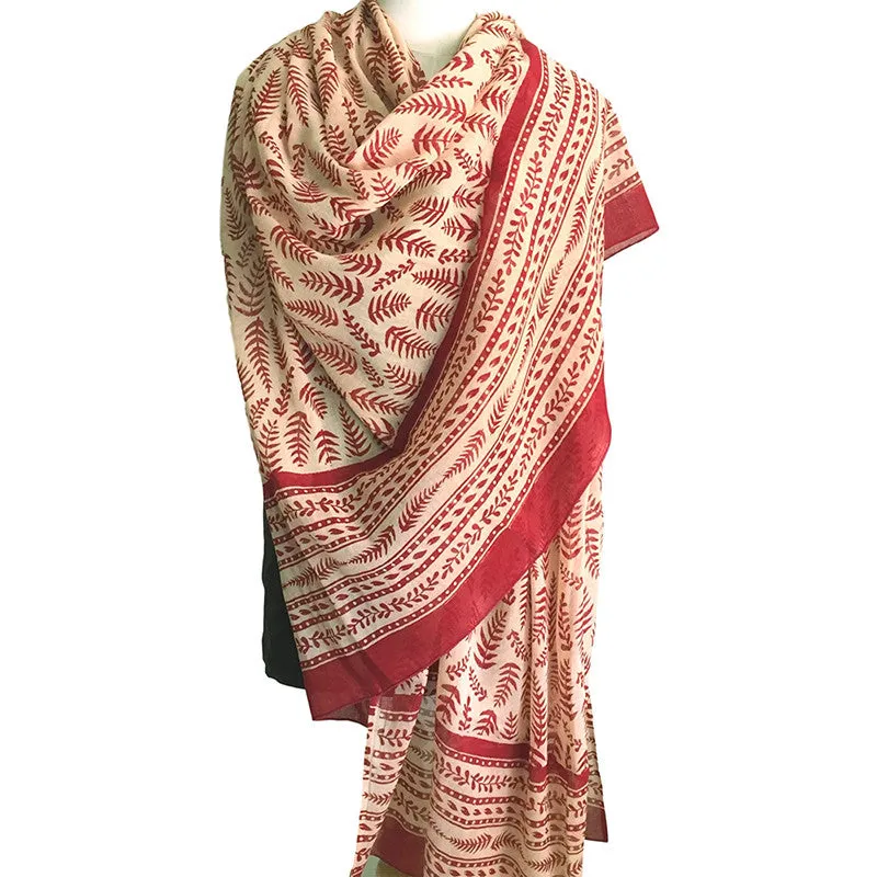 Cotton scarf block printed in original tropical fern design