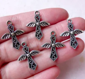 Cross w/ Angel Wing Charms (5pcs / 18mm x 22mm / Tibetan Silver) Religious Catholic Christian Necklace Bracelet Bangle Wine Charm CHM1337