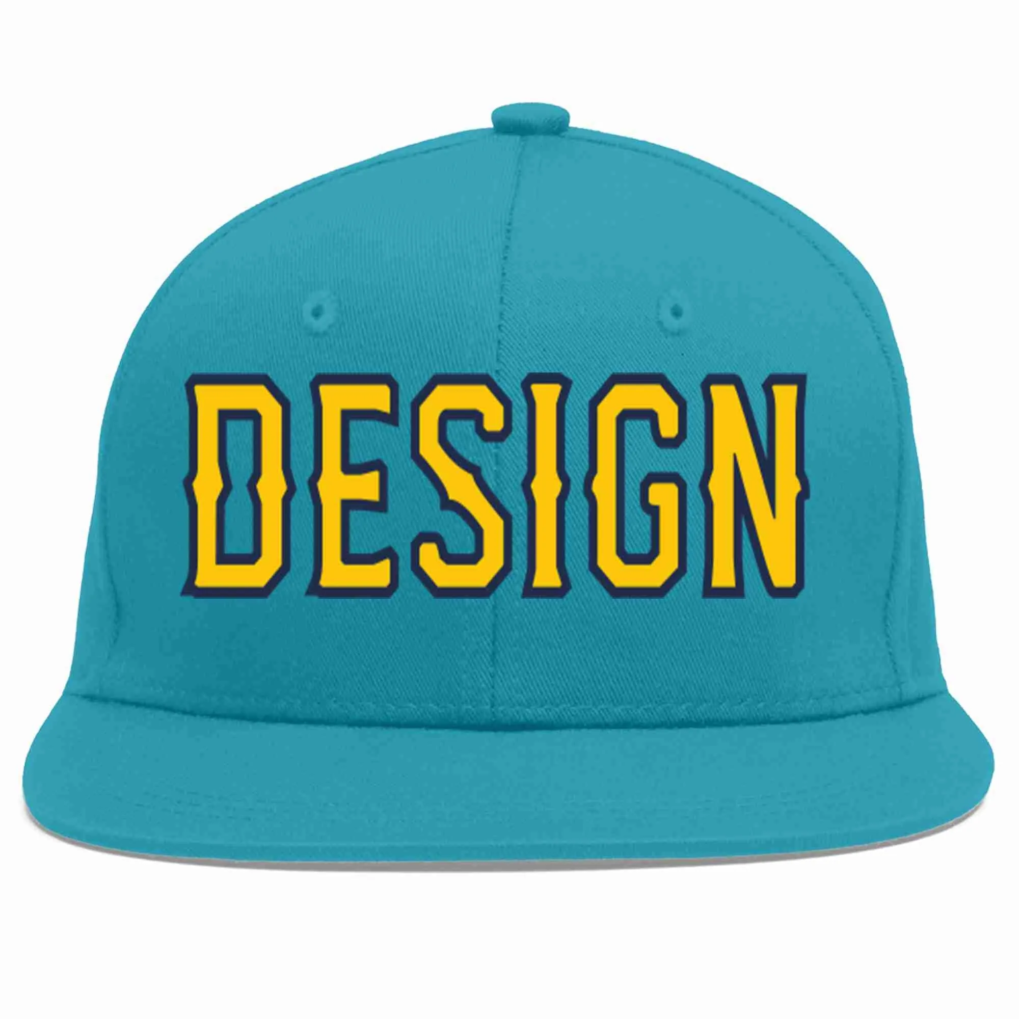 Custom Aqua Gold-Navy Flat Eaves Sport Baseball Cap Design for Men/Women/Youth