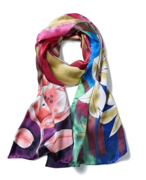 Deluxe Long Hand Painted Satin Silk Scarf Daylilly