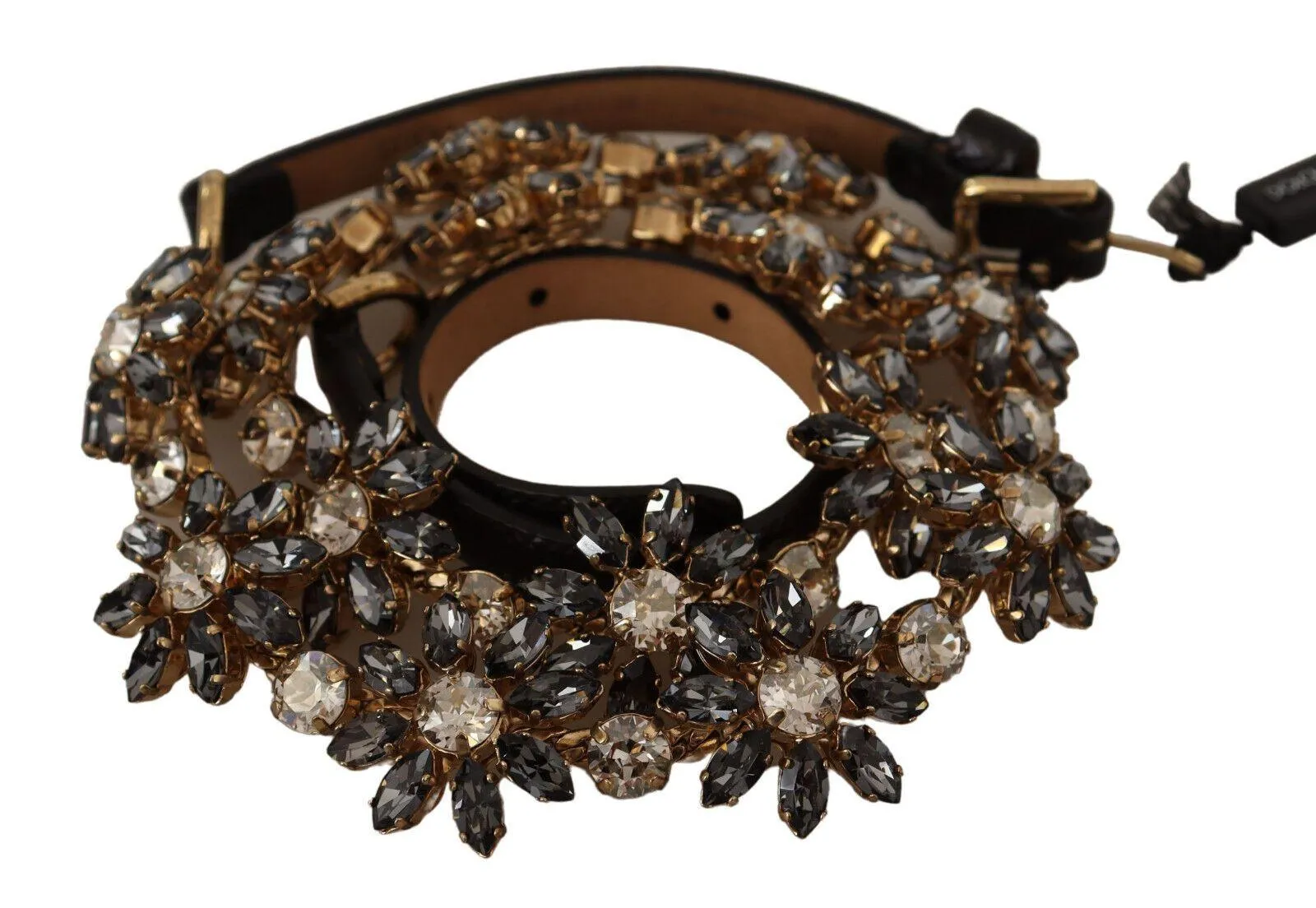 Dolce & Gabbana Black Daisy Crystal Dauphine Texture Belt