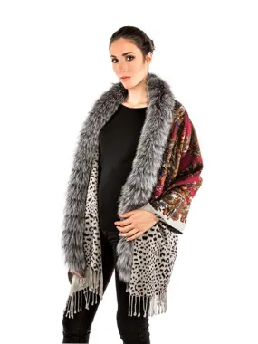 Double side printed cashmere shawl with silver fox trim 