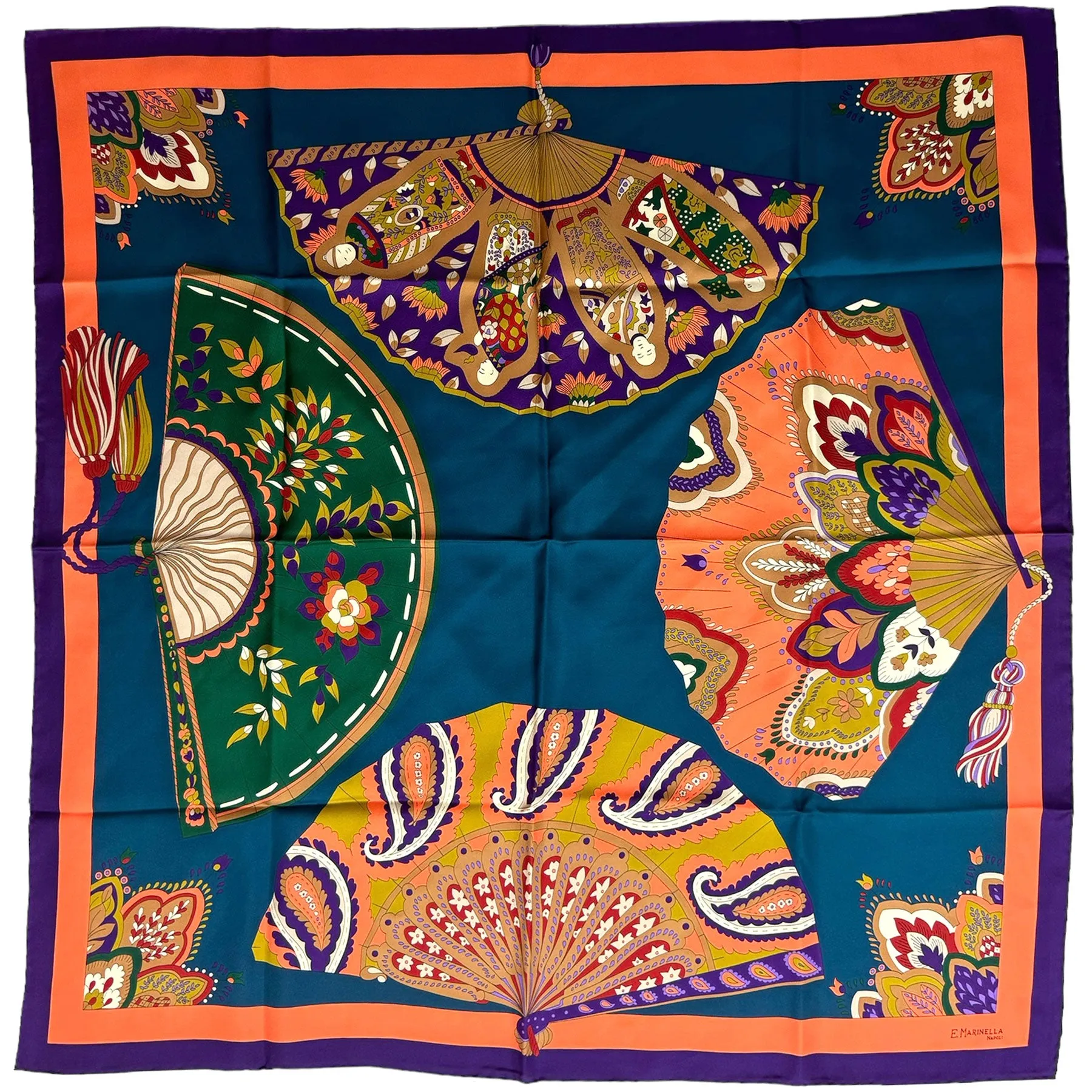 E. Marinella Scarf Turquoise Orange Purple Folding Fans & Tassel Design - Twill Silk Square Foulard