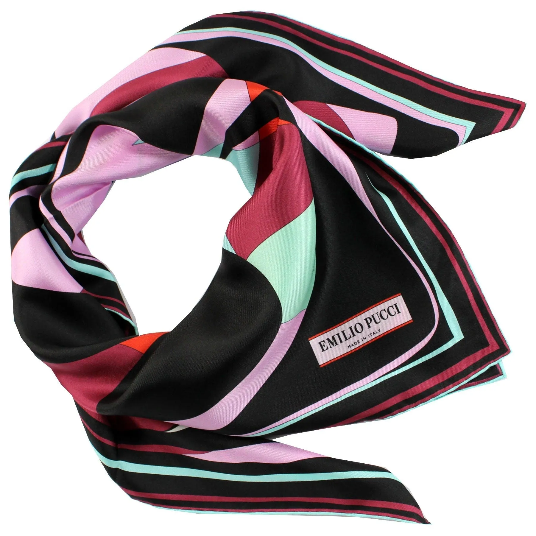 Emilio Pucci Scarf Black Maroon Pink -Twill Silk Square Foulard