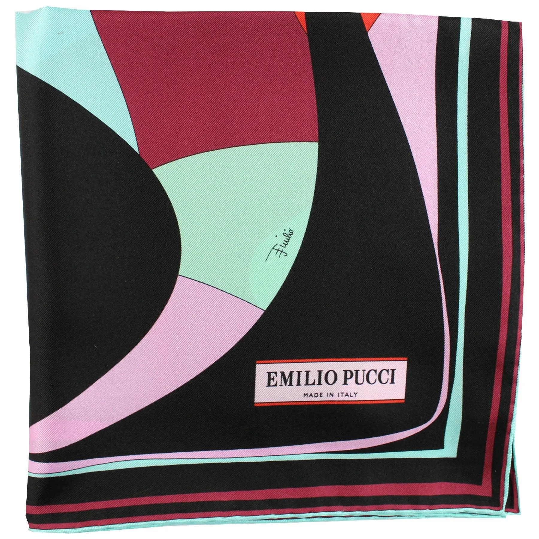 Emilio Pucci Scarf Black Maroon Pink -Twill Silk Square Foulard