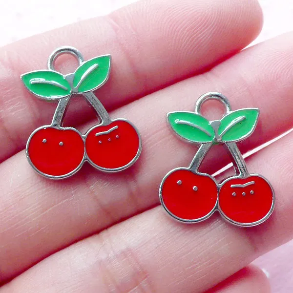 Enameled Cherry Charms (2pcs / 17mm x 19mm / Silver, Red & Green) Kawaii Fruit Pendant Cute Zipper Pull Charm Key Holder Bag Charm CHM1916