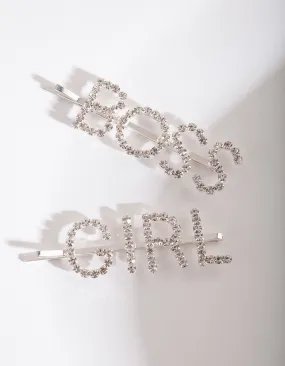 Girl Boss Silver Diamante Hair Clip Pack