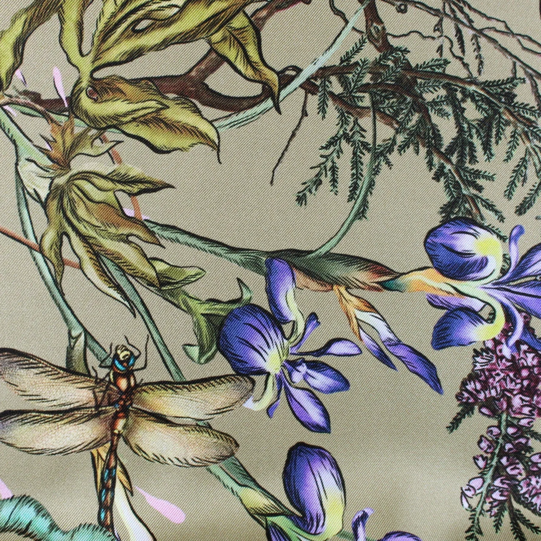 Givenchy Scarf Taupe Olive Green Botanical Floral Dragonfly - Twill Silk Square Scarf SALE