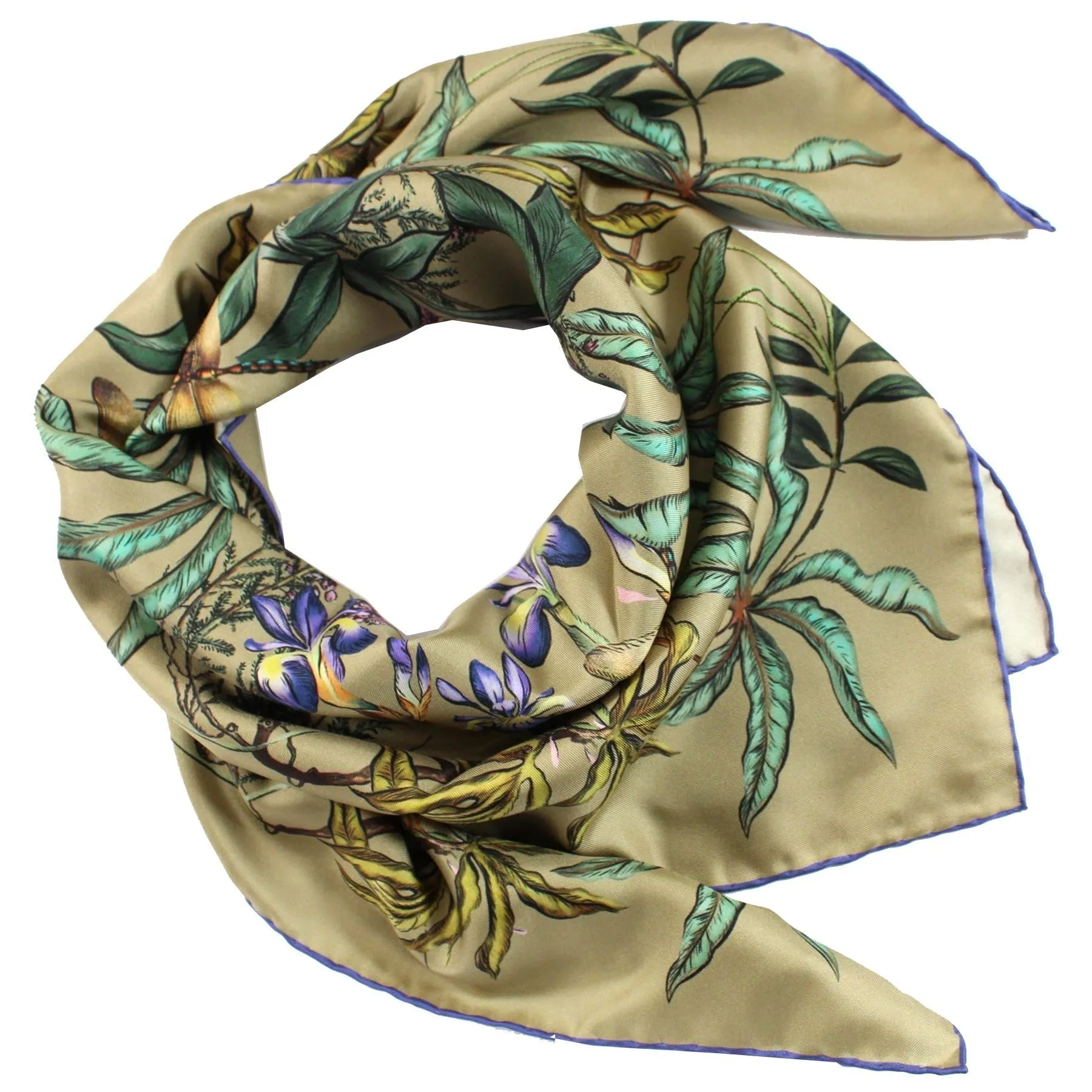 Givenchy Scarf Taupe Olive Green Botanical Floral Dragonfly - Twill Silk Square Scarf SALE