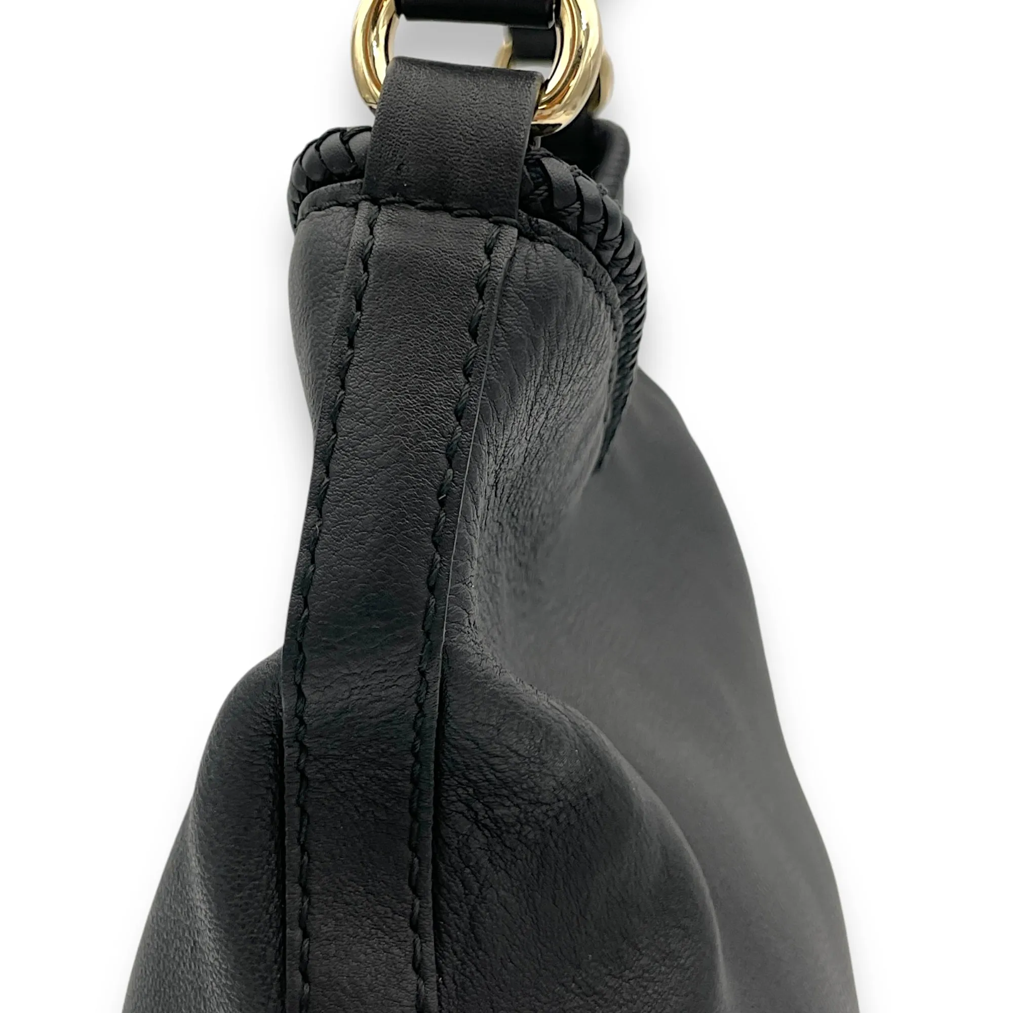 Hobo Top Handle Bag Black in Calfskin, Light Gold hardware