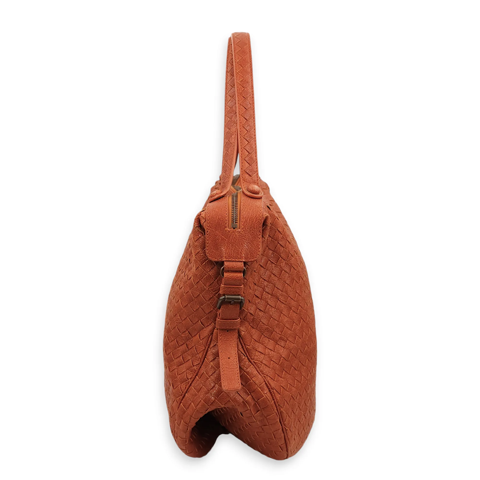 Intrecciato Zipped Rust Hobo Brick Shoulder Bag in Chevre Leather, Brass hardware