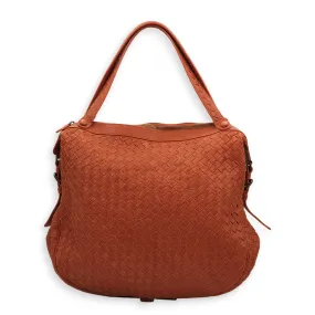 Intrecciato Zipped Rust Hobo Brick Shoulder Bag in Chevre Leather, Brass hardware