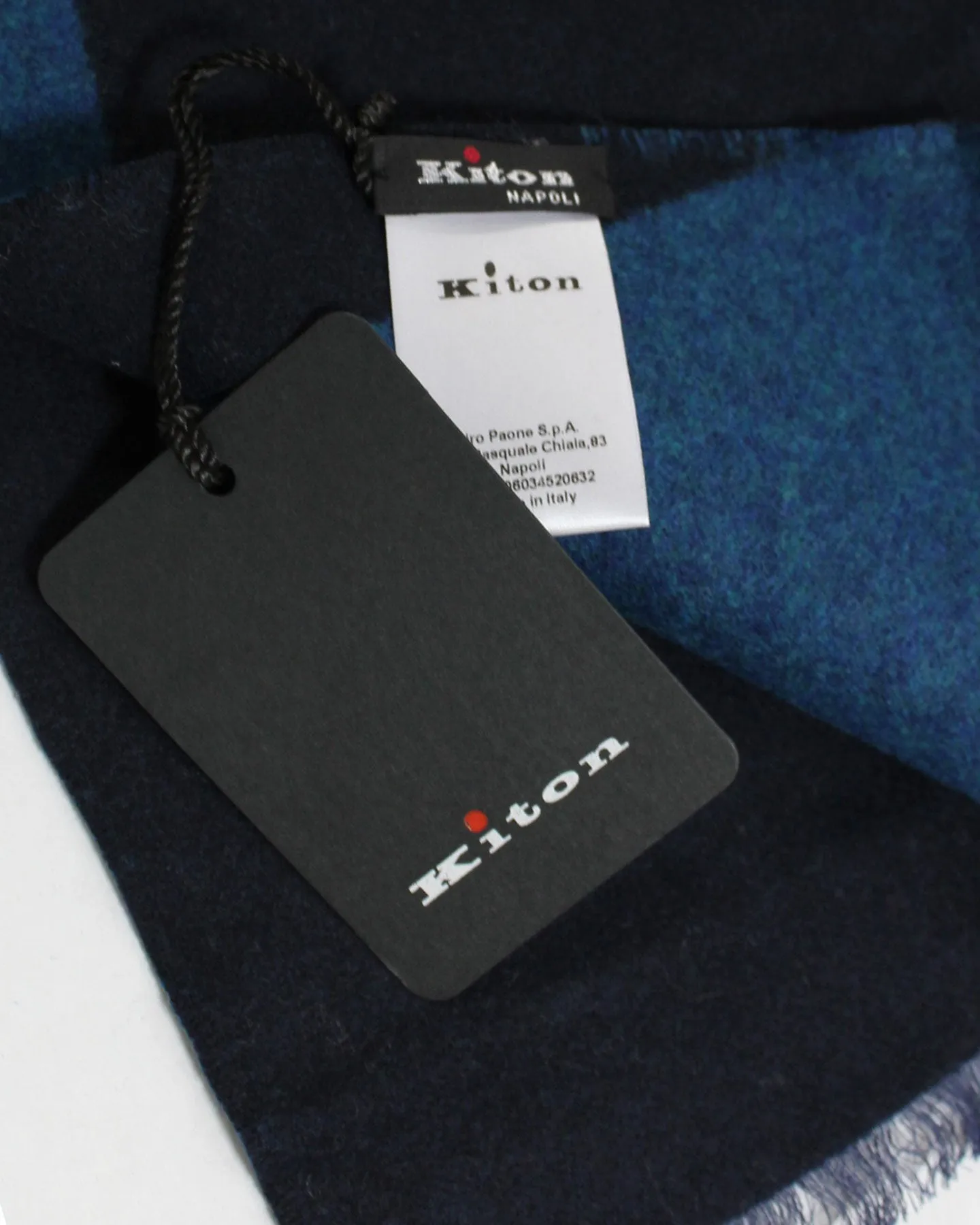 Kiton Wool Cashmere Scarf Midnight Blue Black Kiton Logo Text SALE