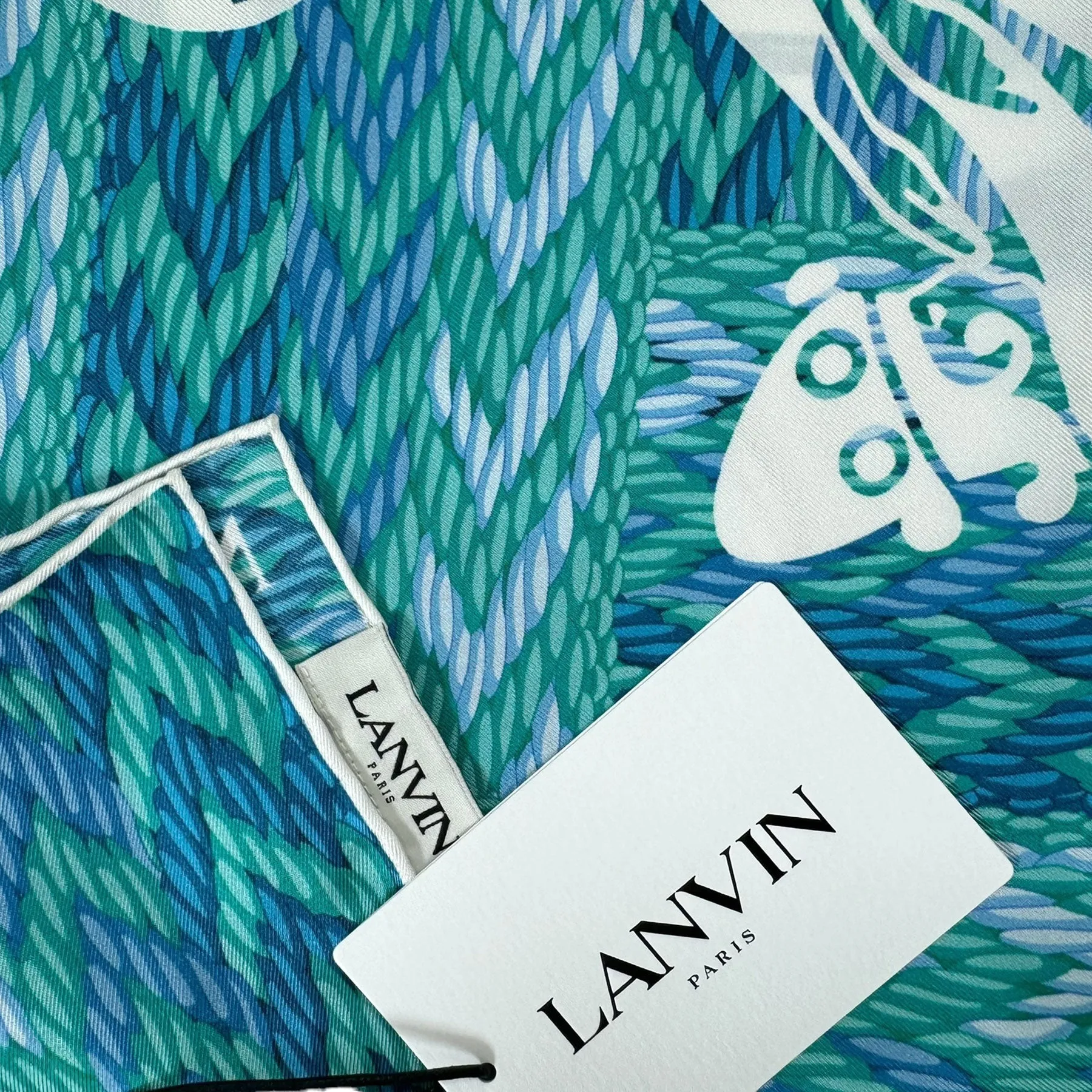 Lanvin Scarf Green Blue Herringbone Design - Twill Silk Scarf