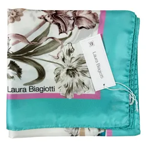 Laura Biagiotti Scarf Floral Powder Blue Pink - Square Silk Foulard SALE