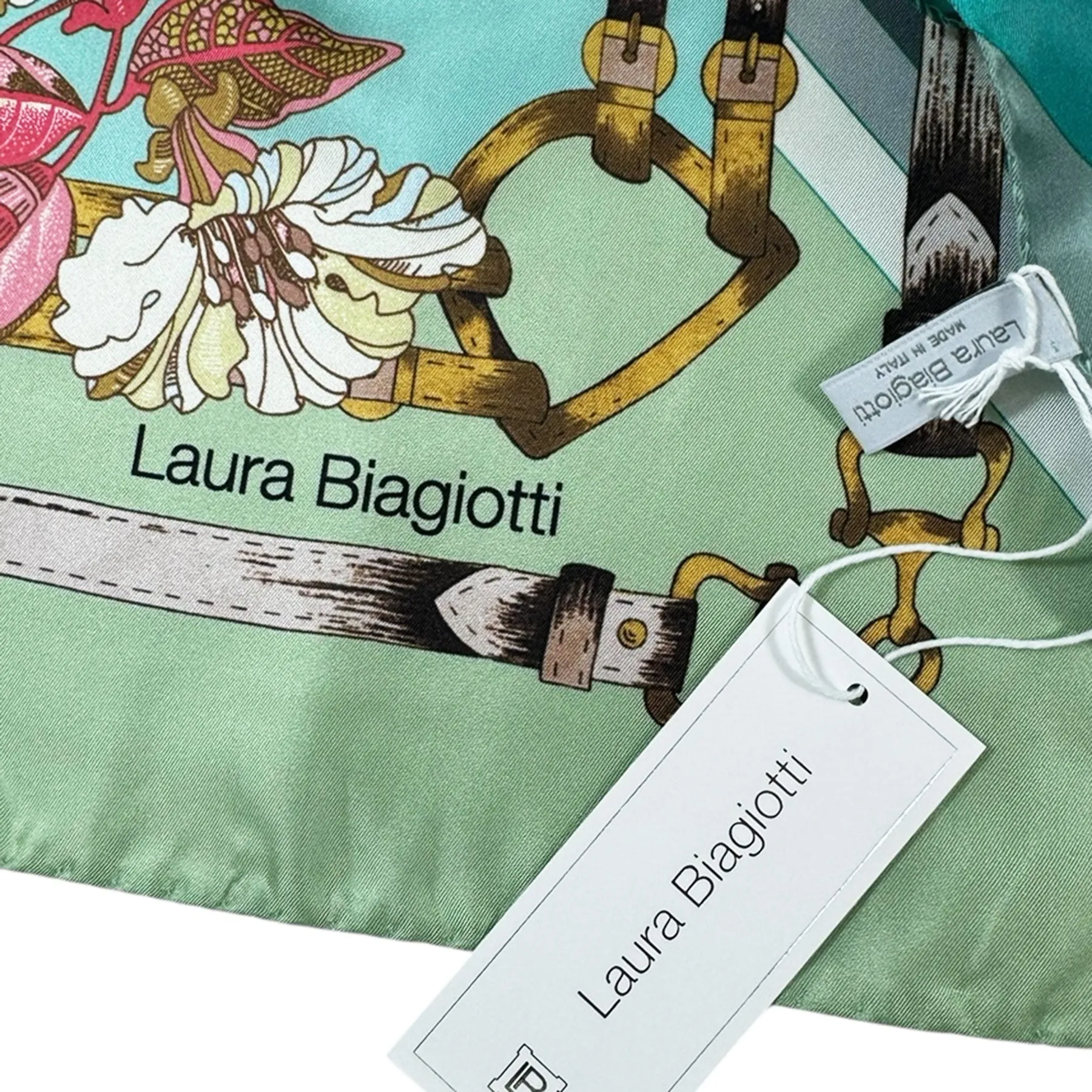 Laura Biagiotti Silk Scarf Mint Green Floral Equestrian - Square Foulard - Made In Italy