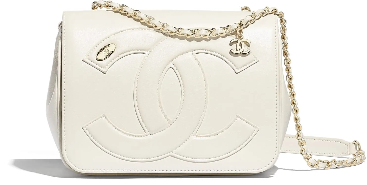 Logo Lambskin Flap Bag, White