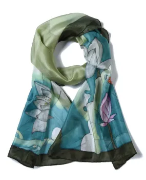 Long Hand Painted Silk Scarf - Lotus Dragonfly