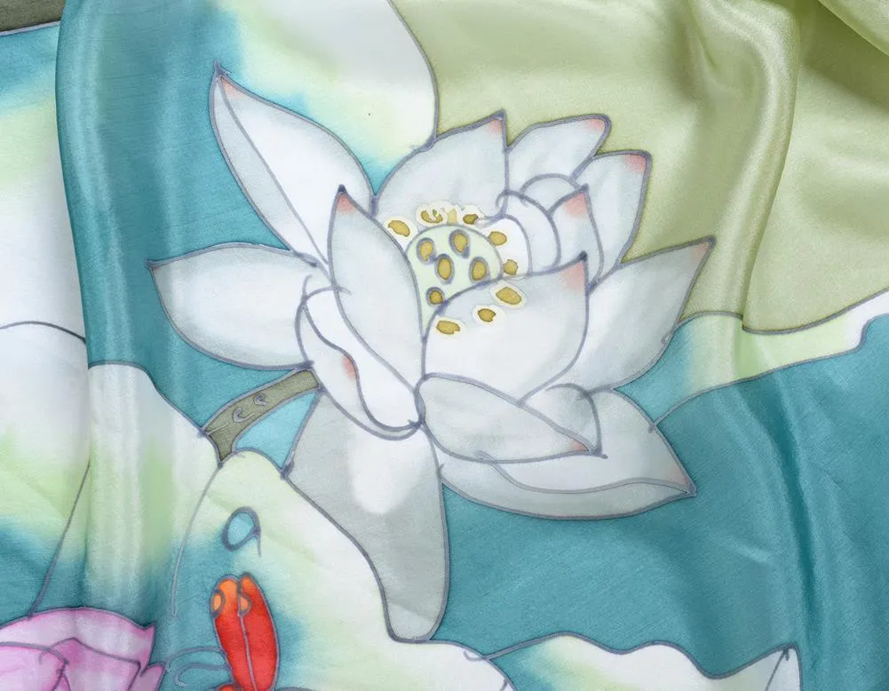 Long Hand Painted Silk Scarf - Lotus Dragonfly