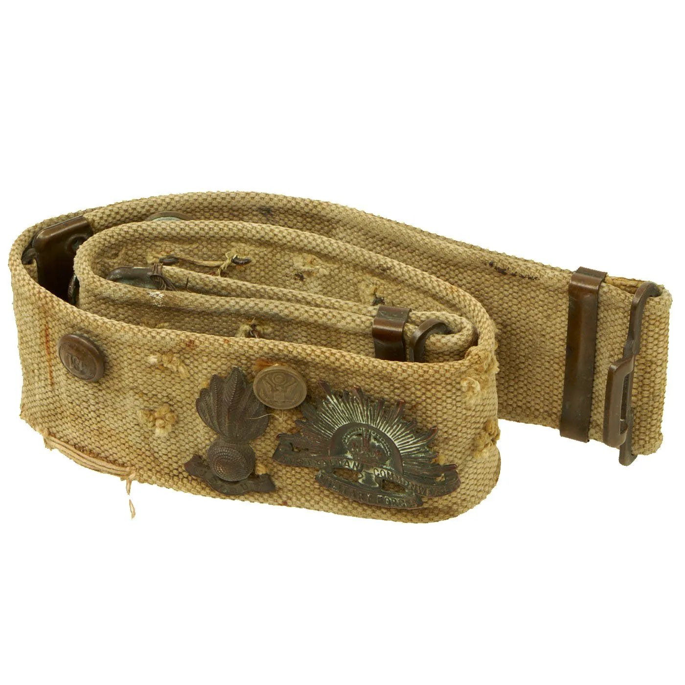 Original Australian WWI Souvenir P1907 Web Belt with 16 Attached Buttons, Badges & Insignia