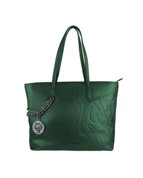 Plein Sport Tiger Embossed Leather Shoulder Bag Green