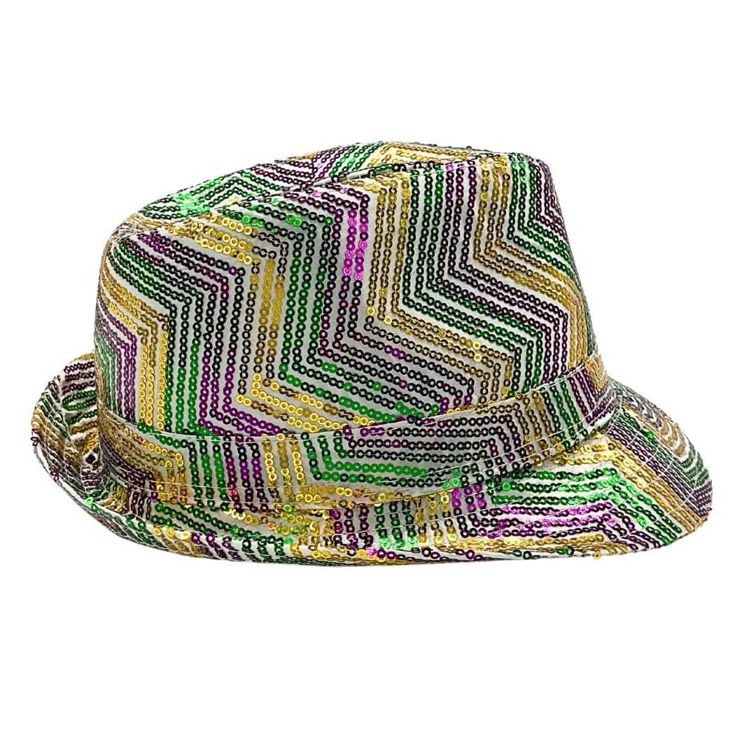 Purple, Green and Gold Sequins Zig Zag Stripes on White Fedora (Each)