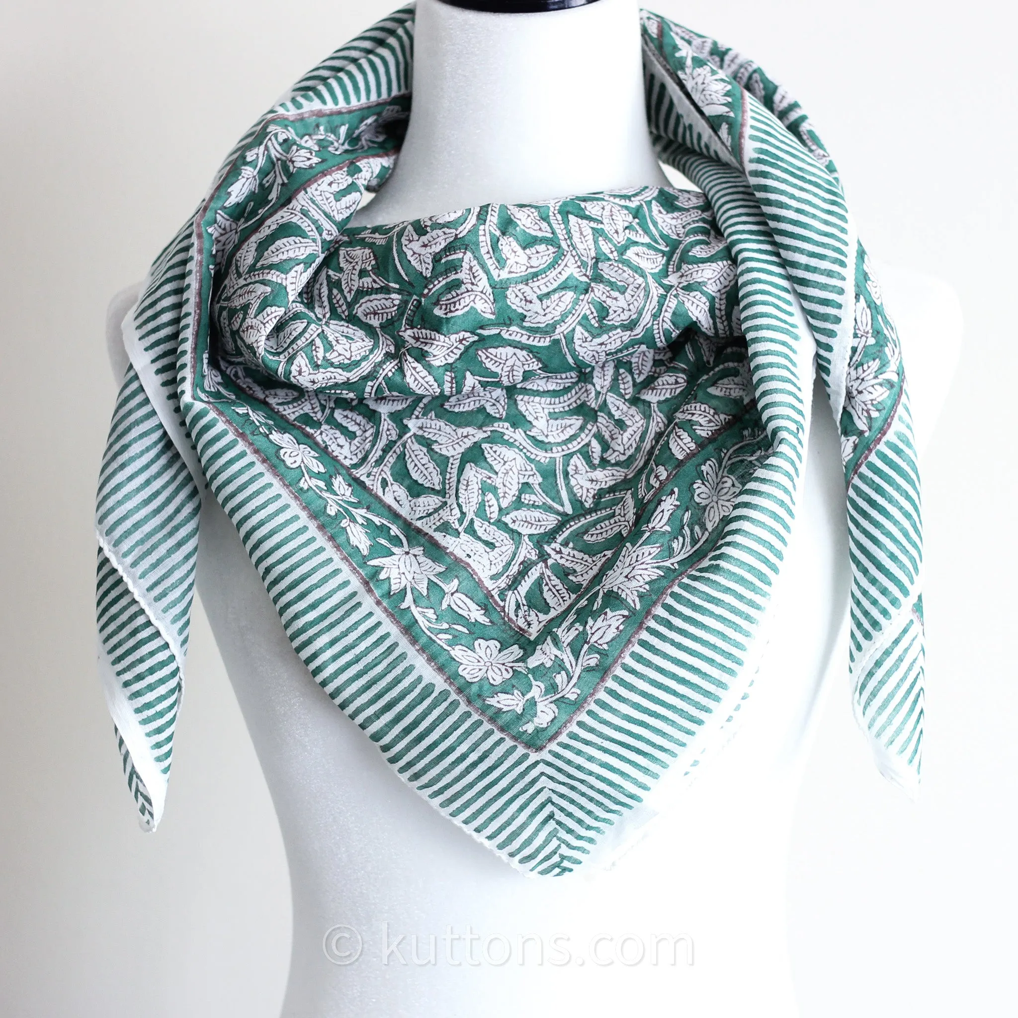 Sanganeri Hand-Block Printed Mul Cotton Bandana - Soft, Lightweight, Airy Scarf | Green, 46x42"