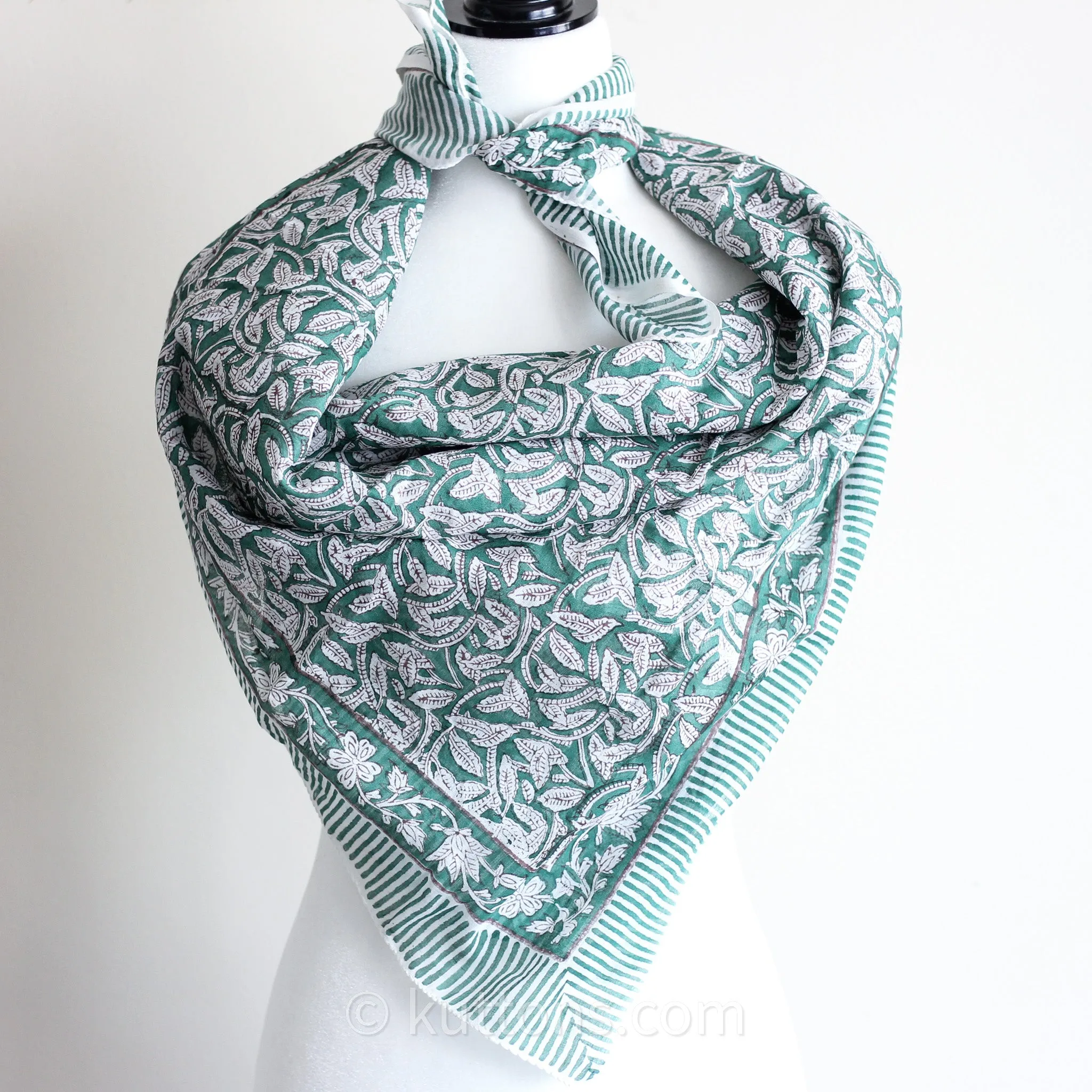 Sanganeri Hand-Block Printed Mul Cotton Bandana - Soft, Lightweight, Airy Scarf | Green, 46x42"