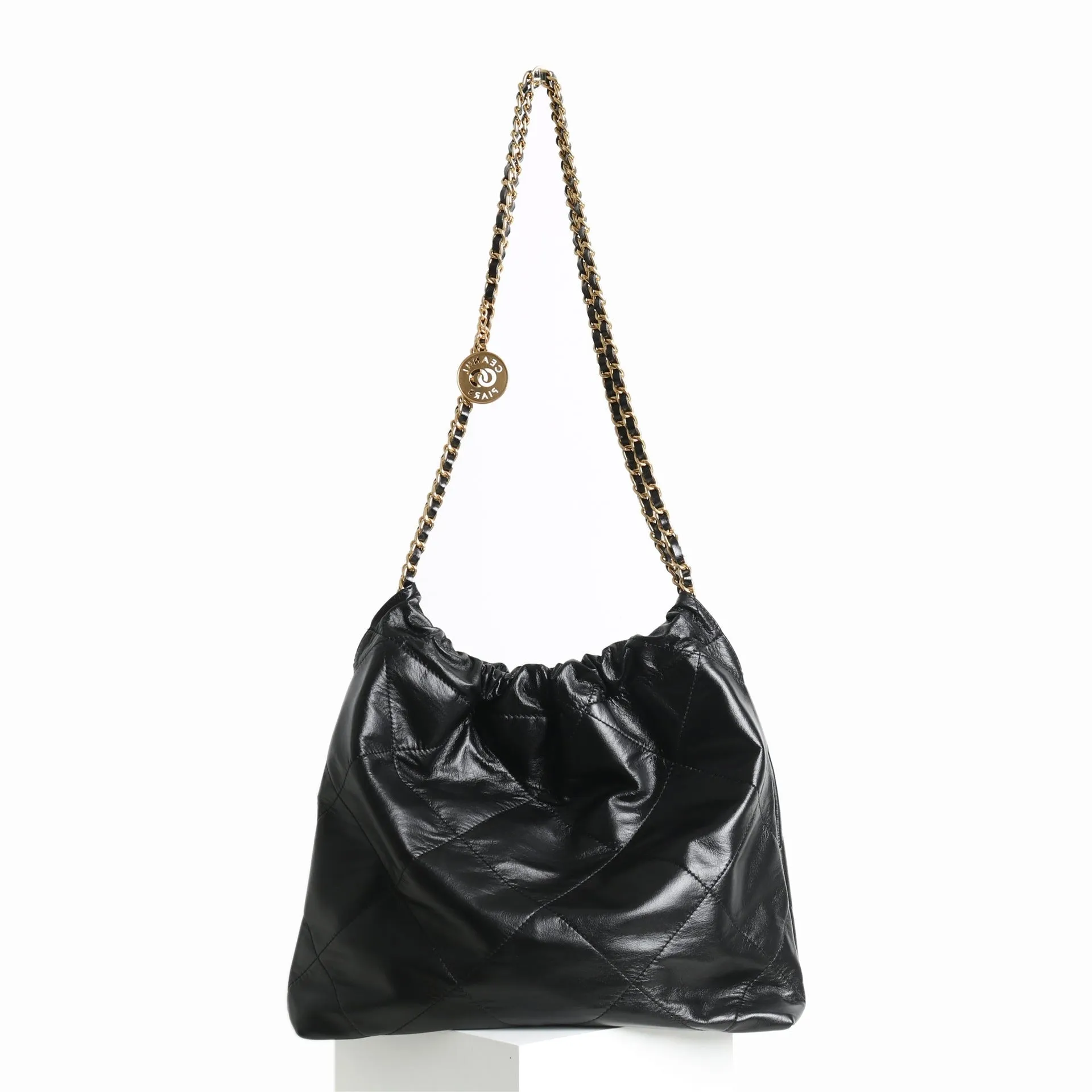 Shiny Quilted  Calfskin Leather Shopper Hobo Bag Black