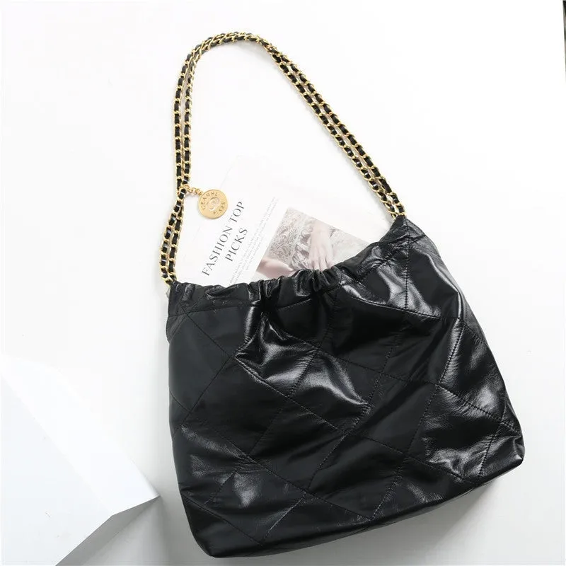 Shiny Quilted  Calfskin Leather Shopper Hobo Bag Black