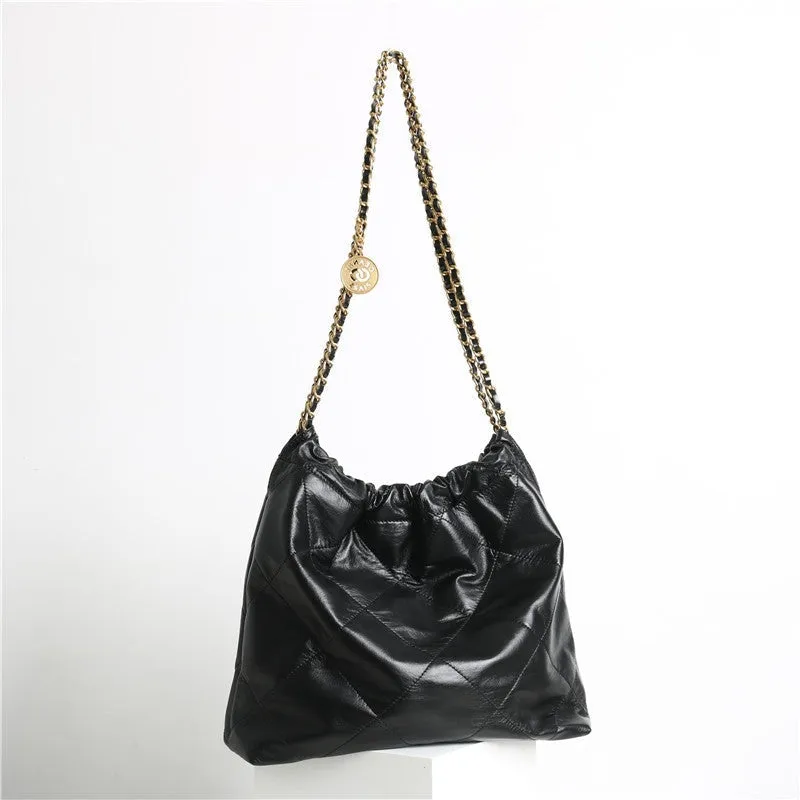 Shiny Quilted  Calfskin Leather Shopper Hobo Bag Black