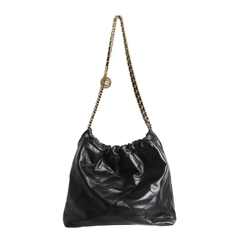 Shiny Quilted  Calfskin Leather Shopper Hobo Bag Black