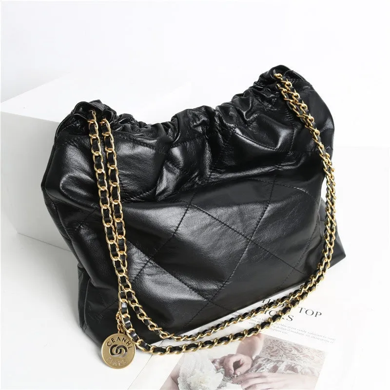 Shiny Quilted  Calfskin Leather Shopper Hobo Bag Black