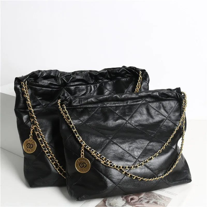 Shiny Quilted  Calfskin Leather Shopper Hobo Bag Black