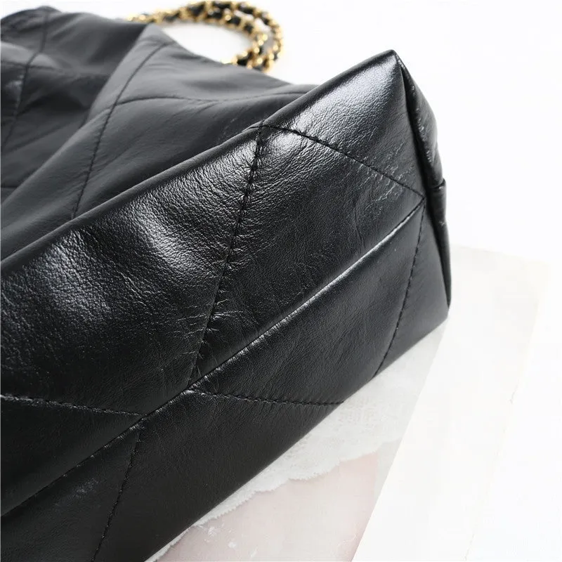 Shiny Quilted  Calfskin Leather Shopper Hobo Bag Black